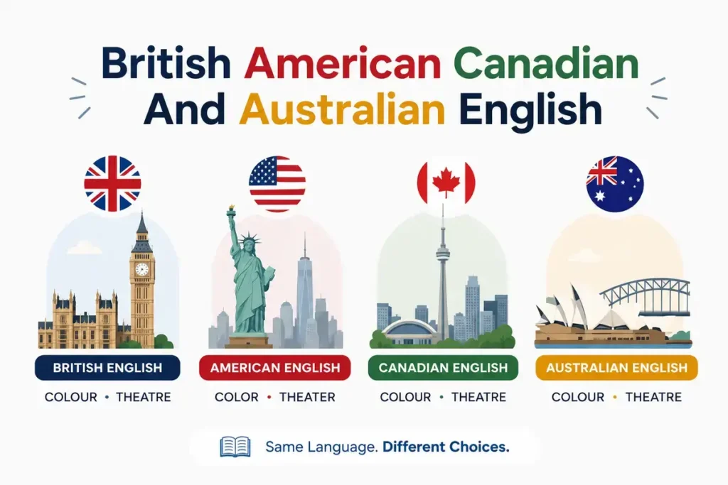 British American Canadian And Australian English