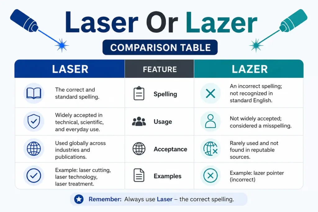 Laser Or Lazer Comparison Table
