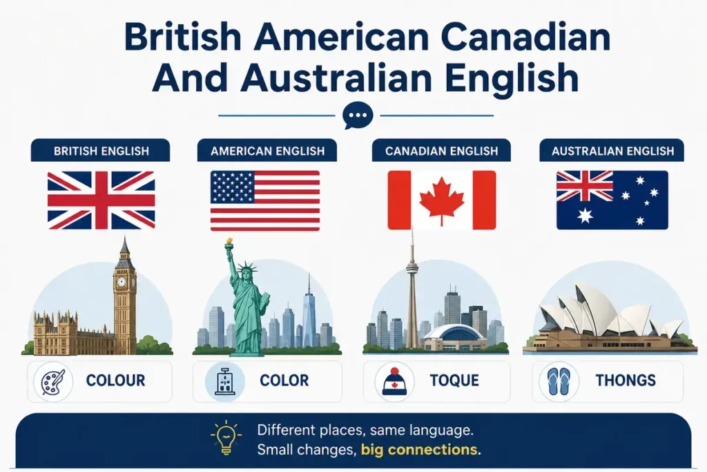 British American Canadian And Australian English