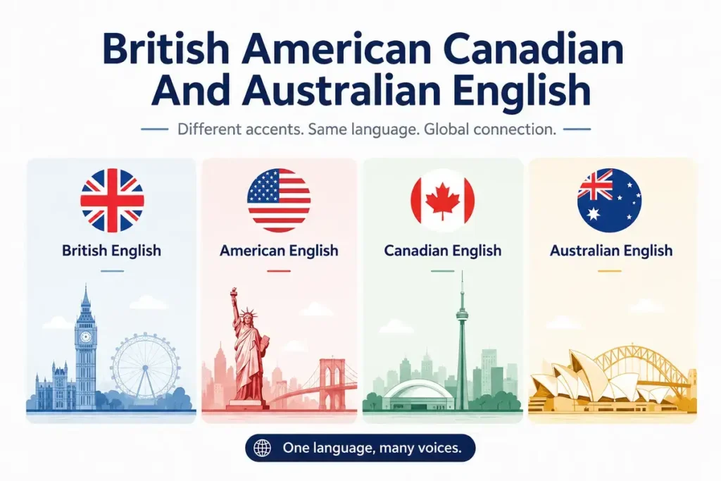 British American Canadian And Australian English